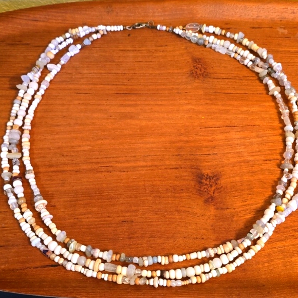 Three strand shell and gemstone necklace